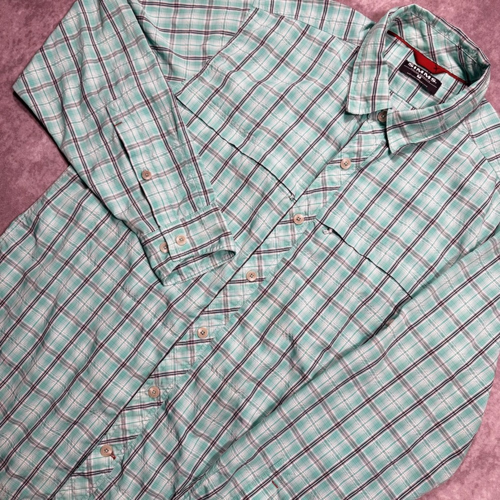 Simms Fishing Products Mens Medium Teal Plaid Vented Long Sleeve Fishing Shirt